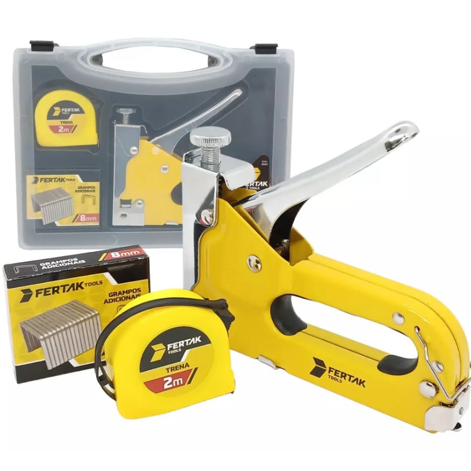 Grampeador e Grampo Profissional p/ Madeira e Tapeçaria com Maleta + Trena + Grampos Fertak 4-14mm