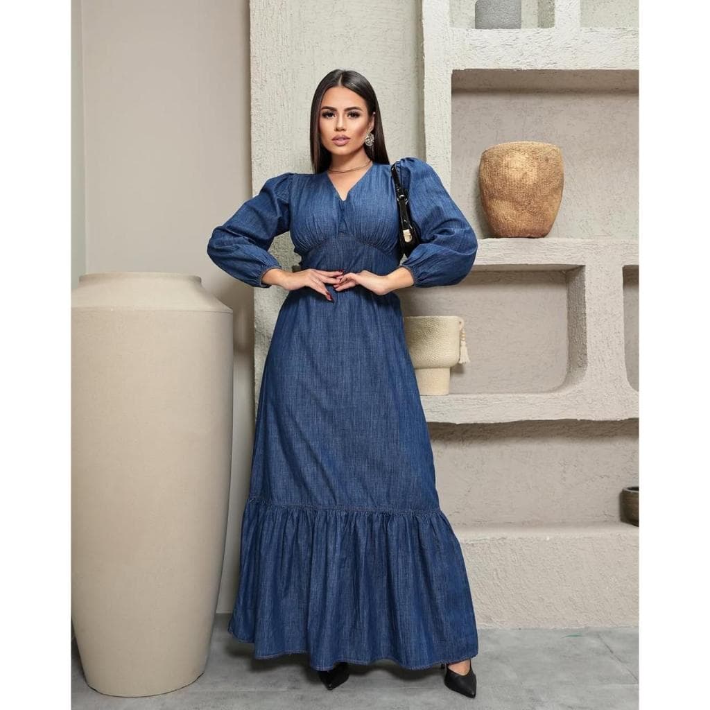 Vestido Jeans Longa Feminina Lançamento  Com Manga Longa Chik
