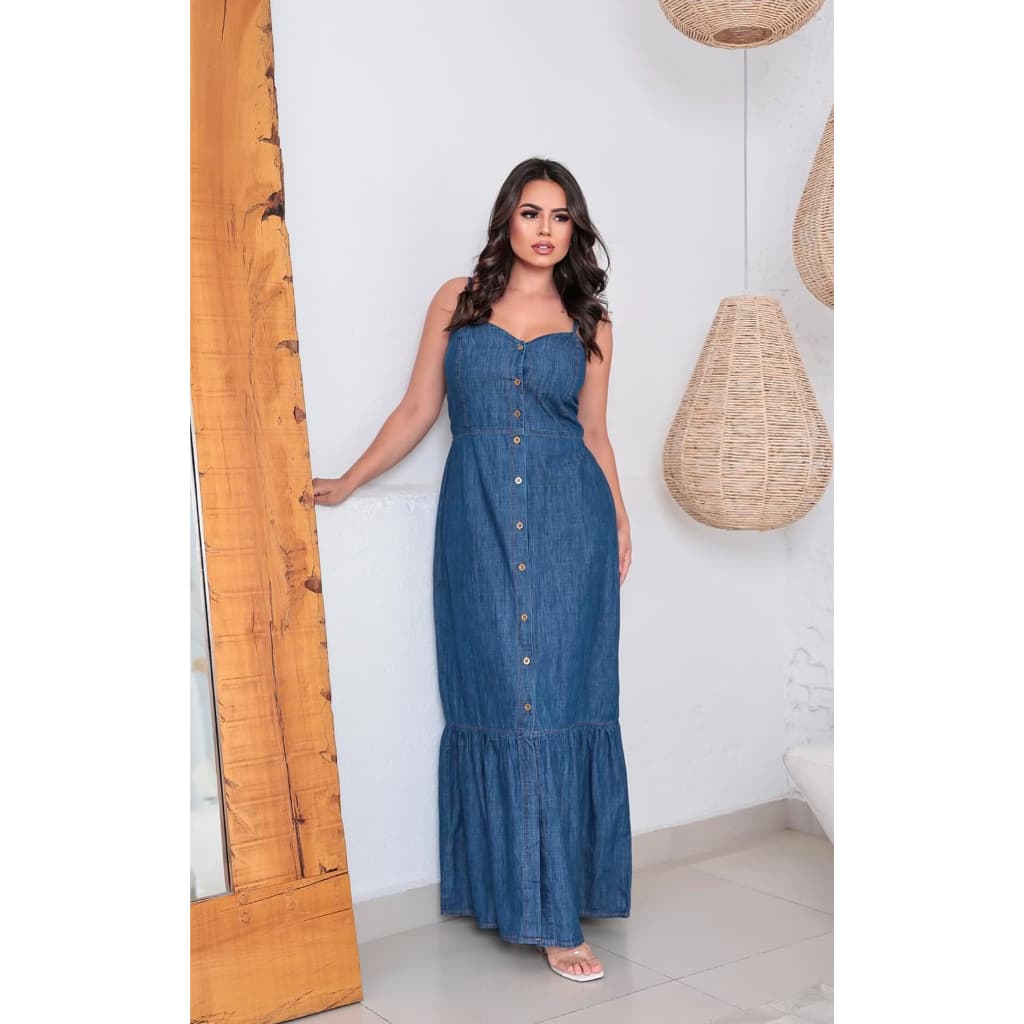 Vestido Jeans Feminina Lançamento Com Alça Regulável E Botões Na Frente