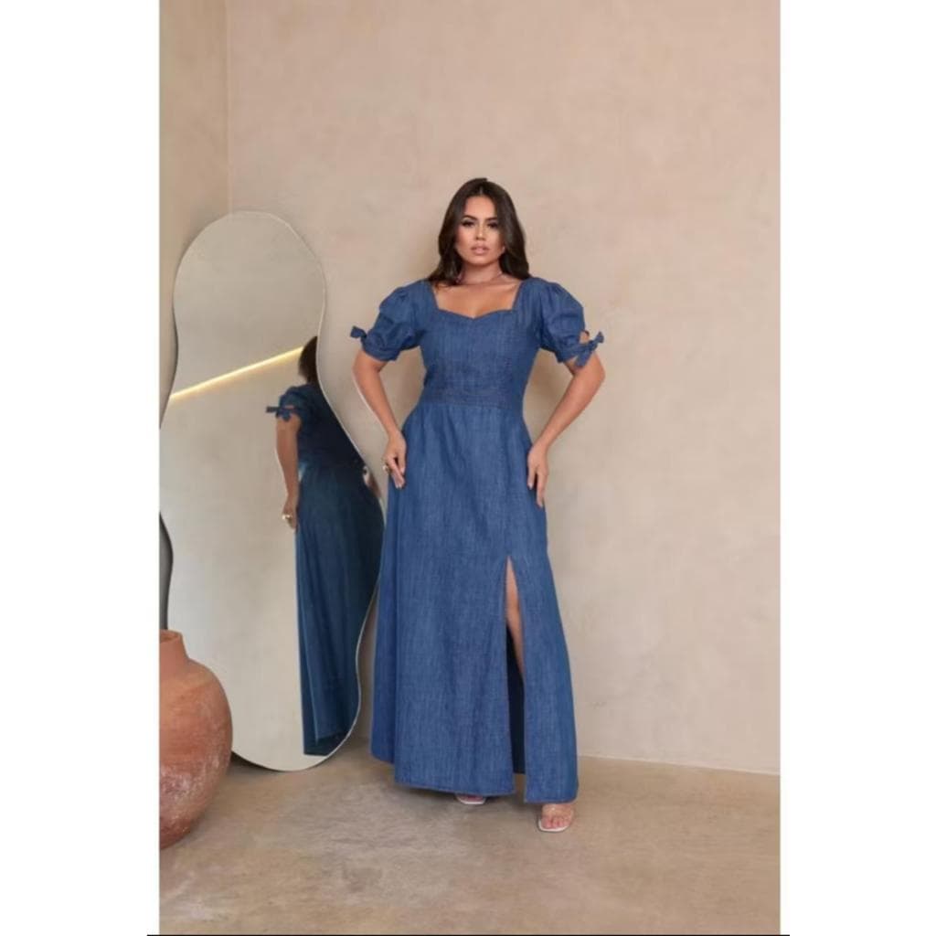 Vestido Jeans Feminina Longa Com Manga Curta E Lastex Na Costa Lançamento Chek