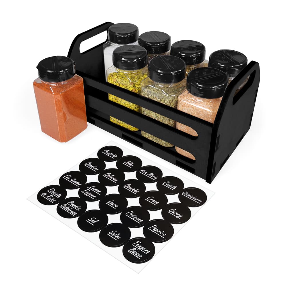 1 Suporte Tempero Caixote MDF com 8 Potes 220ml Tampa Dupla com Etiquetas Condimentos Temperos