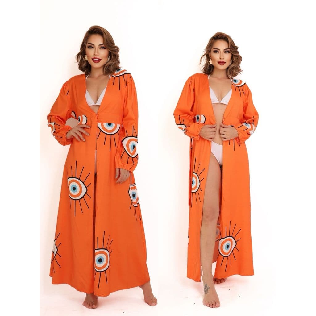 Tecido Confortável de Super Qualidade Estampa Olhos Túnica Chiffon Vestido Saida De Praia