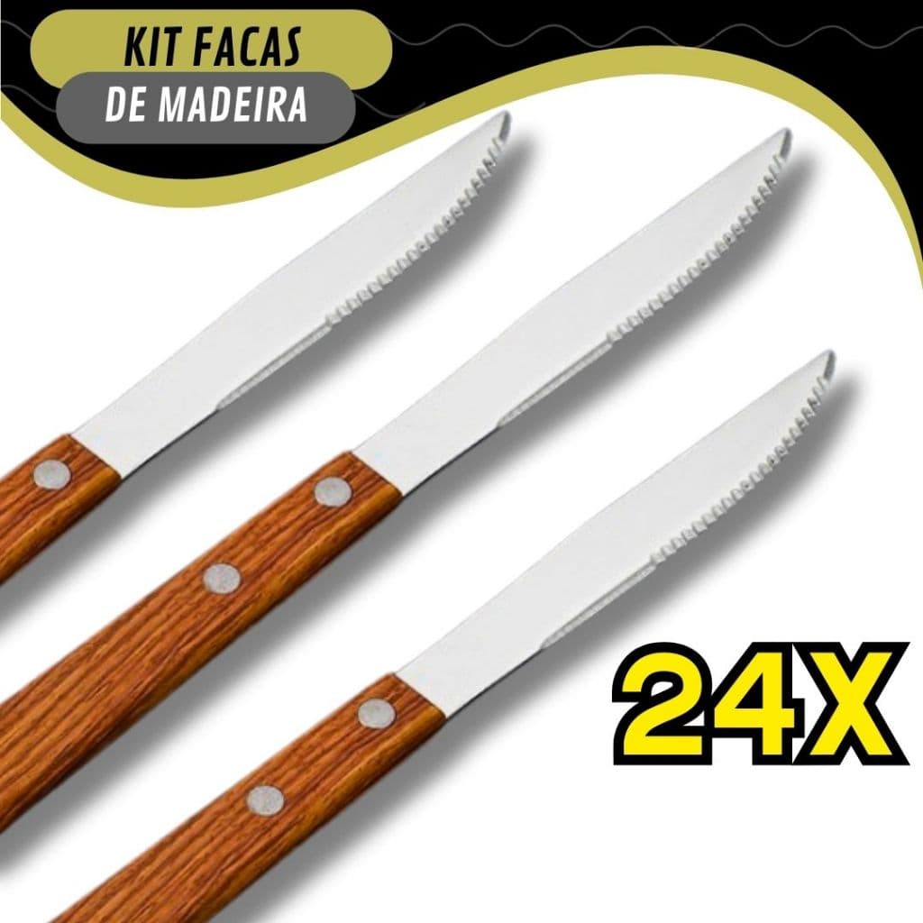 Kit 24 Facas de Cabo de Madeira Para Casa Cozinha e Restaurante Linha Premium
