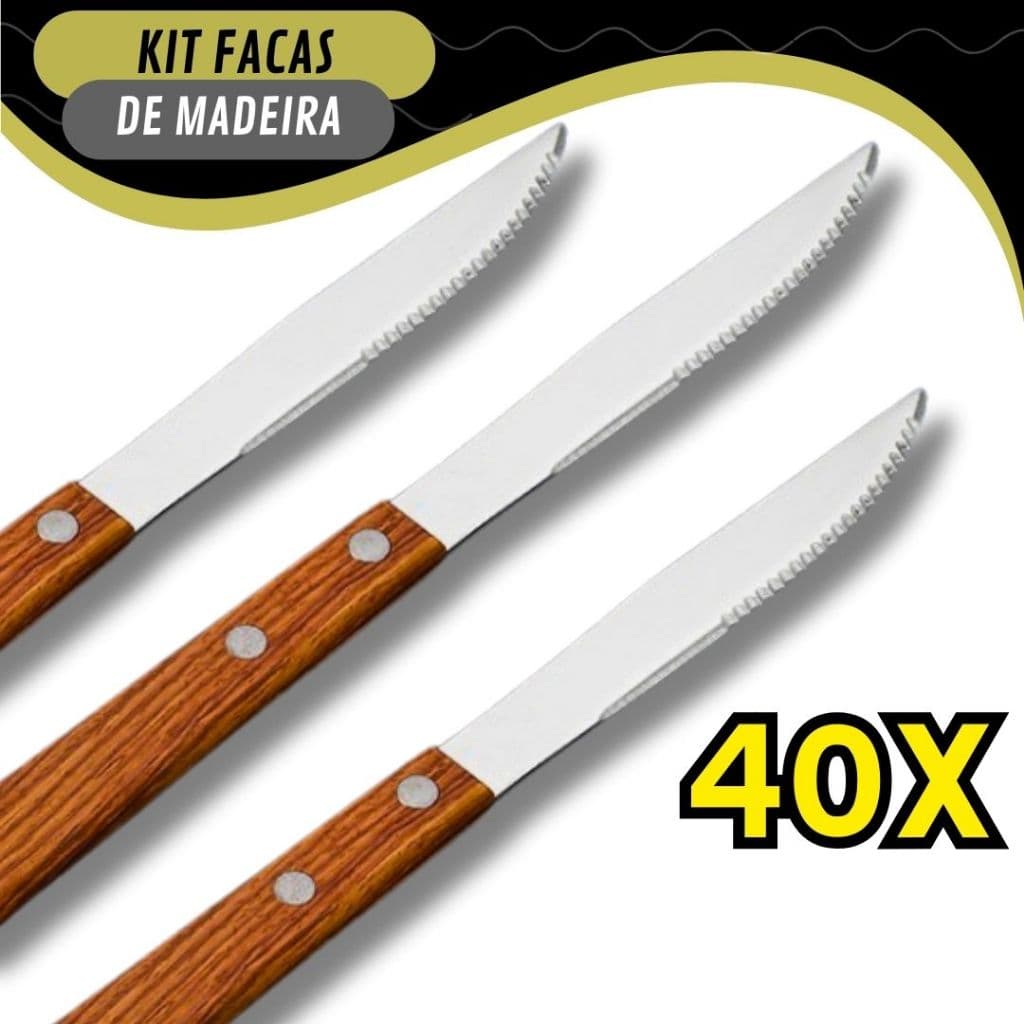 Kit 40 Facas de Cabo de Madeira Para Casa Cozinha e Restaurante Linha Premium
