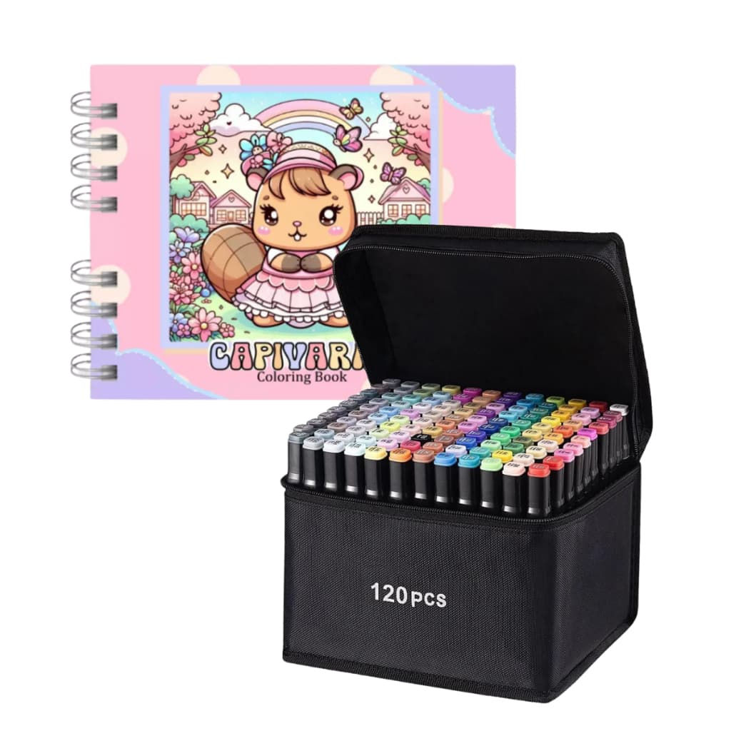 Kit 120 Canetinhas Livro de Colorir Capivara Marcador Ponta Dupla 50 Folhas