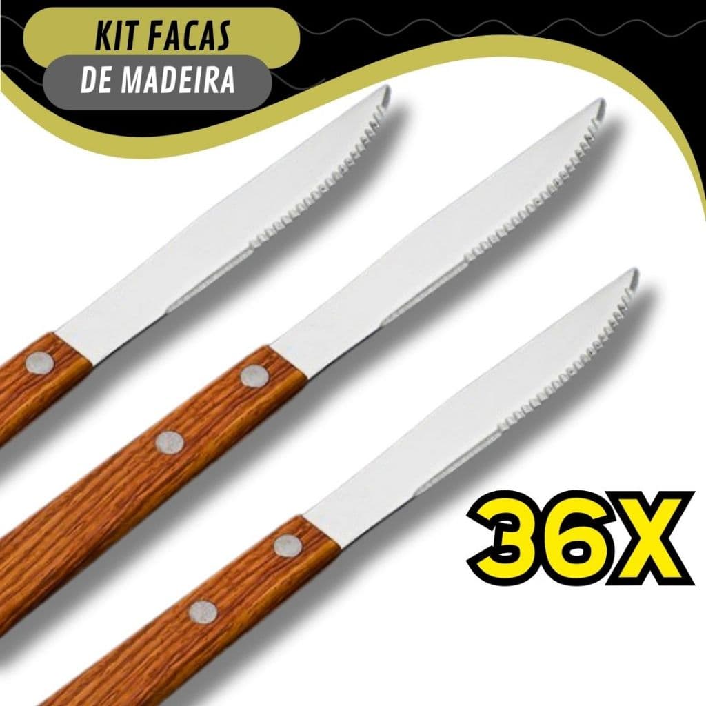 Kit 36 Facas de Cabo de Madeira Para Casa Cozinha e Restaurante Linha Premium