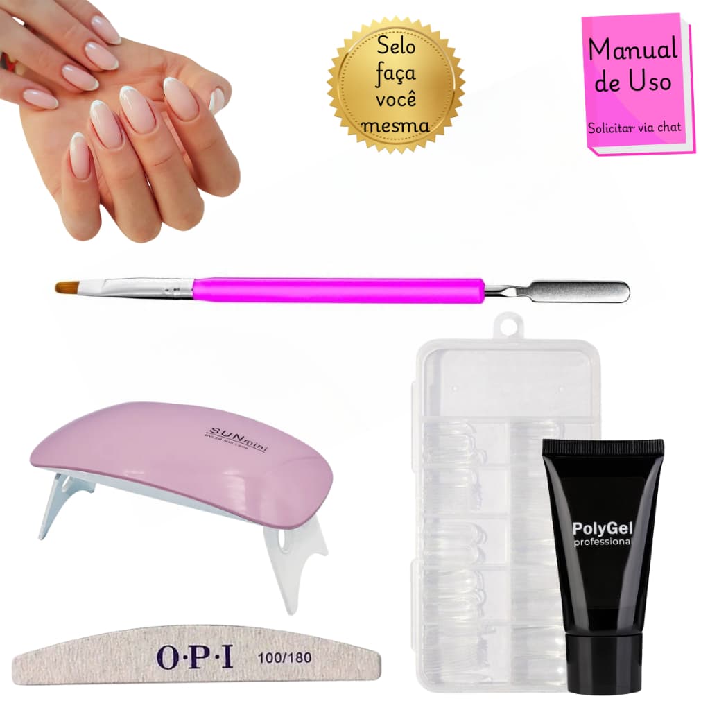 Kit Alongamento Poligel Polygel + Molde F1 + Lixa + Mini Cabine De Unha + Pincel 02 em 1