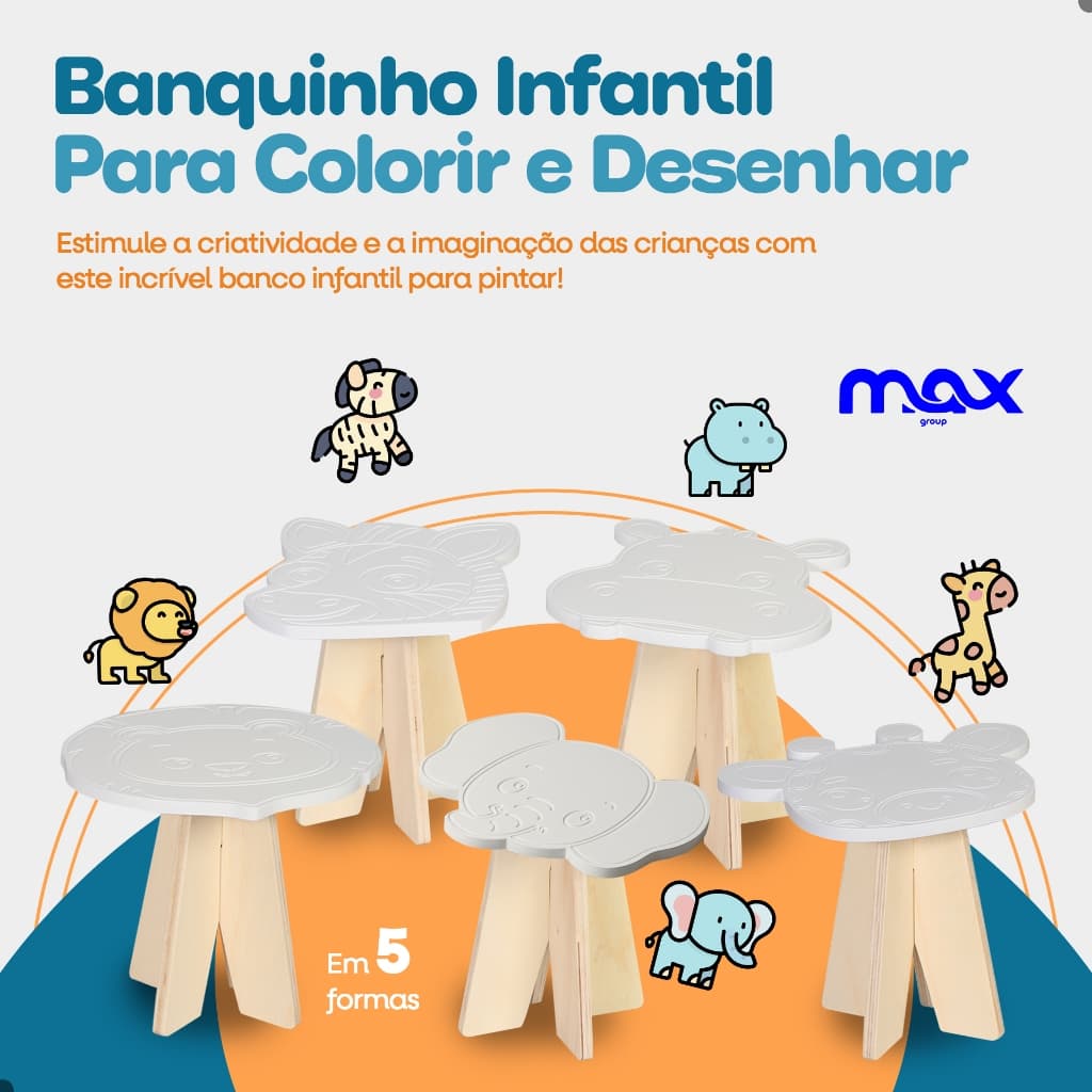 Banquinho Infantil De Madeira Para Colorir Pintar E Desenhar Animais Leão Girafa Hipopótamo Elefante