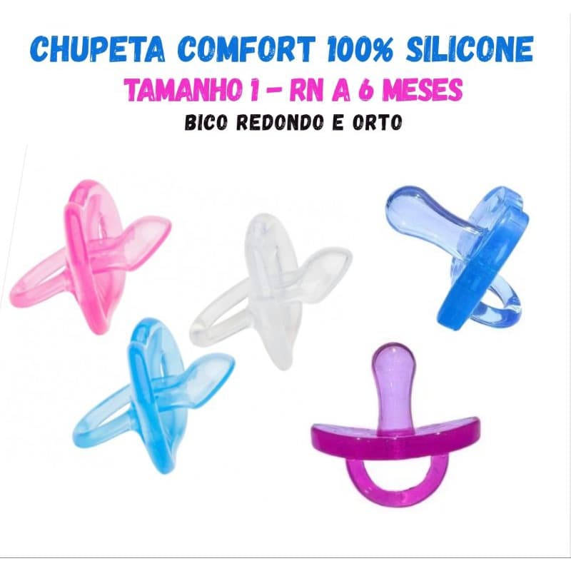 Chupeta Comfort 100% Silicone Fase 1 – RN  0 a 6 meses  Bico Redondo ou Ortodôntico