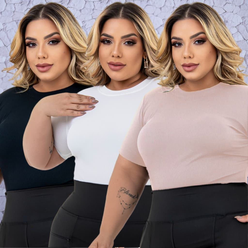 Blusa Plus Size Feminina Blusinha Manga Curta Canelada Gola Redonda do G1 ao G3 Casual Confortável