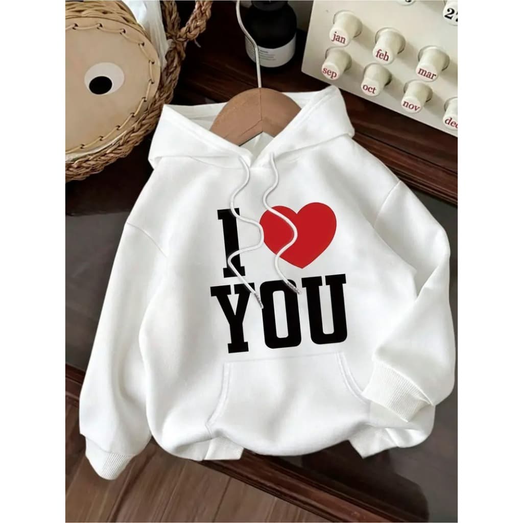 Moletom com capuz estampado de letras ``I ❤️ you´´ , moletom casual com cordão, adequado para inverno e outono, Roupas u