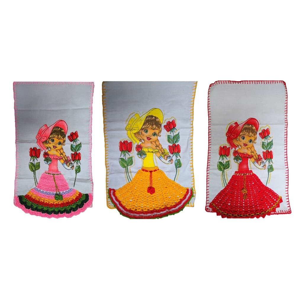Kit Pano de Prato Boneca Saia Crochê Artesanato 75x50cm