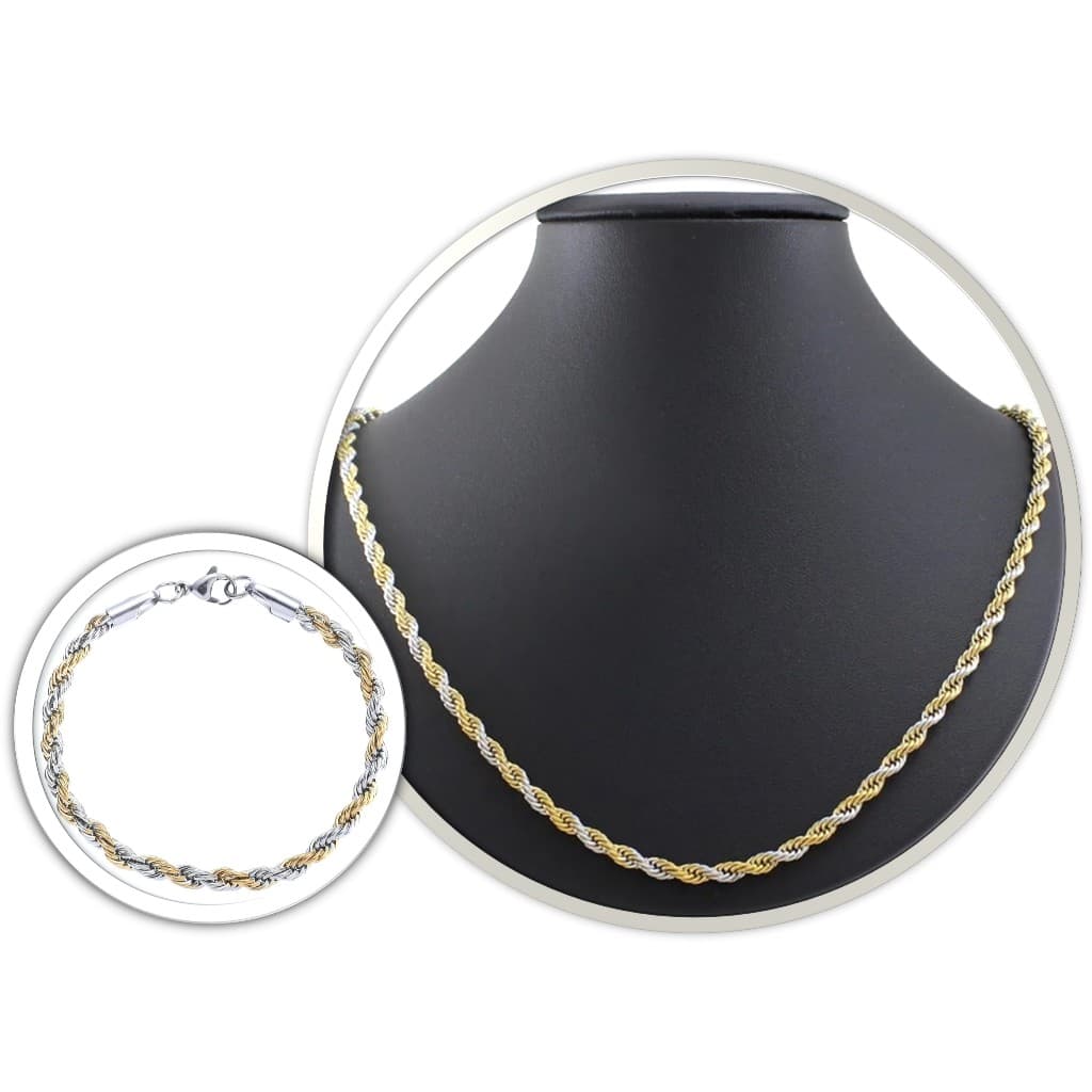 Conjunto Feminino Colar e Pulseira Aço Inoxidável Bicolor Dourado e Prata Elo Corda