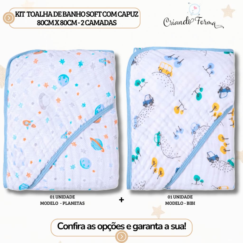 Kit com 2 Toalhas de Banho Soft com Capuz - 2 Camadas de Fralda - Tecido 100% Algodão - 80cm x 80cm