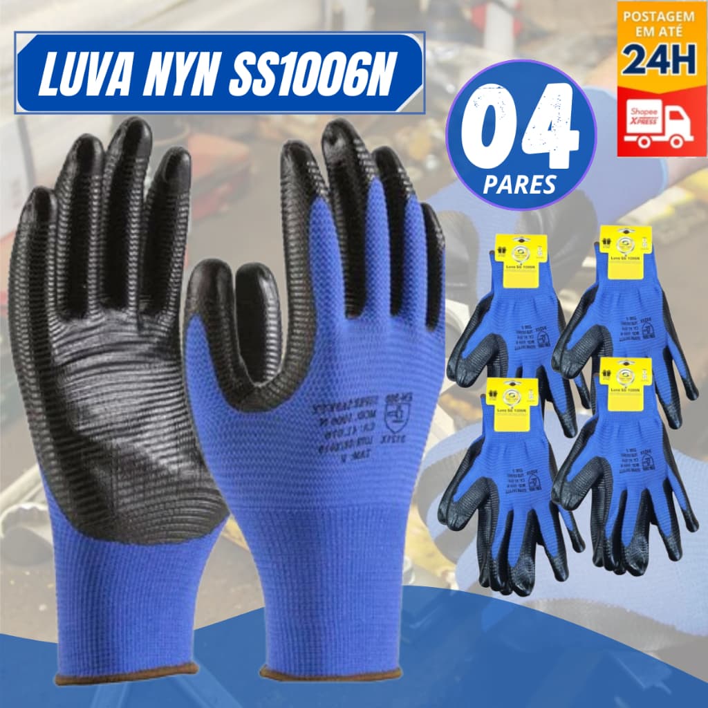 Combo 04 Pares de Luva NYN 1006N SuperSafety Revestida em Nitrila – Proteção Contra Riscos Mecânicos