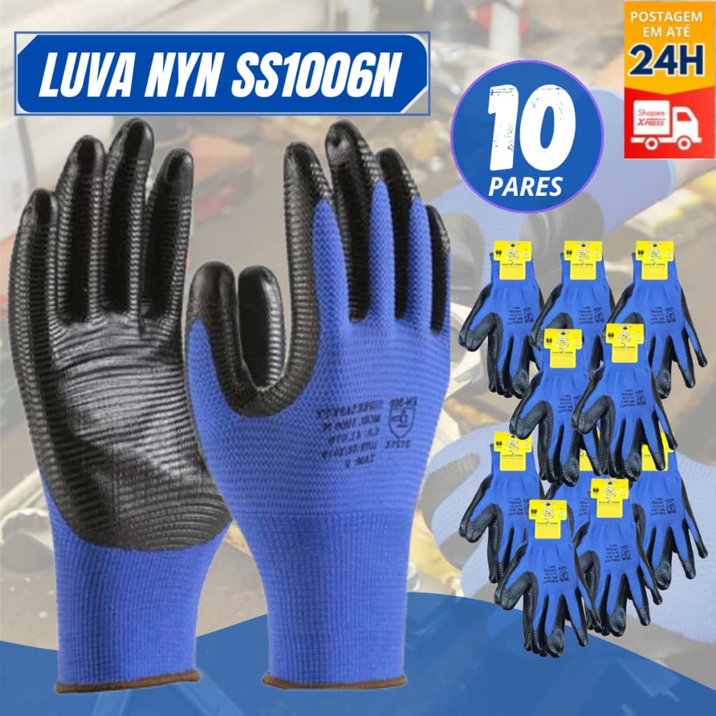 10 PARES DE LUVA NYN SS1006N AZUL COM PRETO ORIGINAL SUPERSAFETY - Nitrila Foam CA 41076