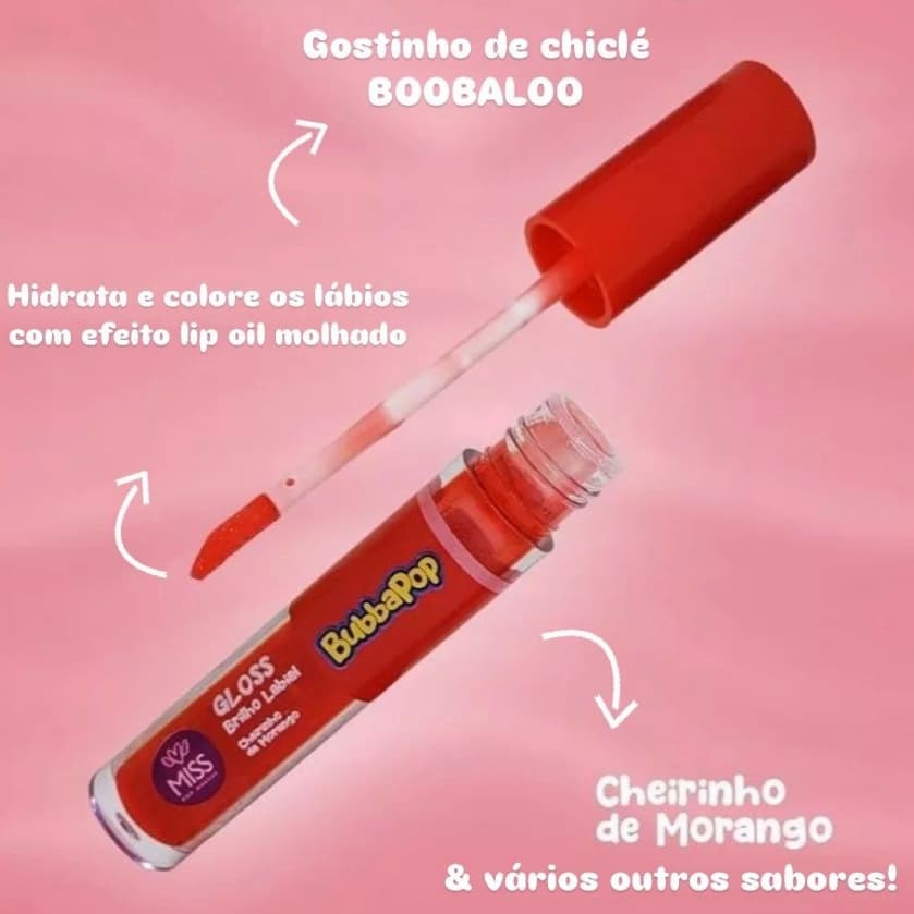 Brilho Labial Gloss com Sabor e Cheiro de Chiclete Hidratante Labial Babalu BubbaPop Lip Gloss Chiclé