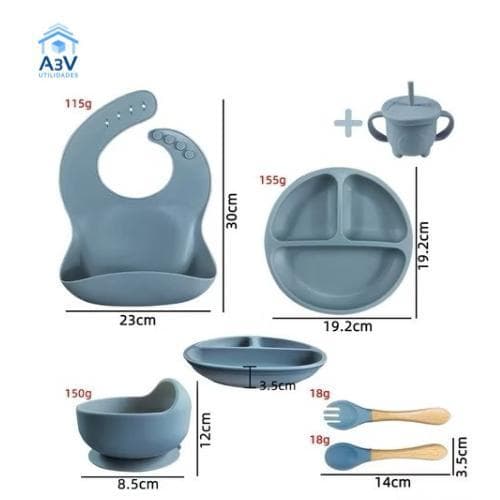 Conjunto Alimentação para Bebê c/ 8 peças/Alimentação Infantil com divisórias/Silicone Baby