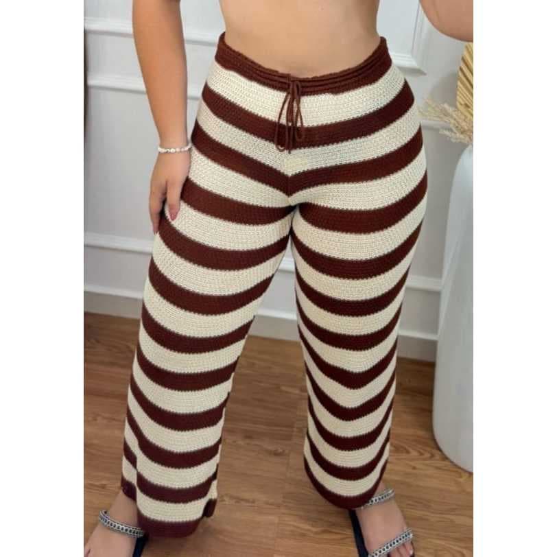 Calça Saida de Praia Com Cordão Pantalona Listrada Leve Feminina  Croche Tricot Verão