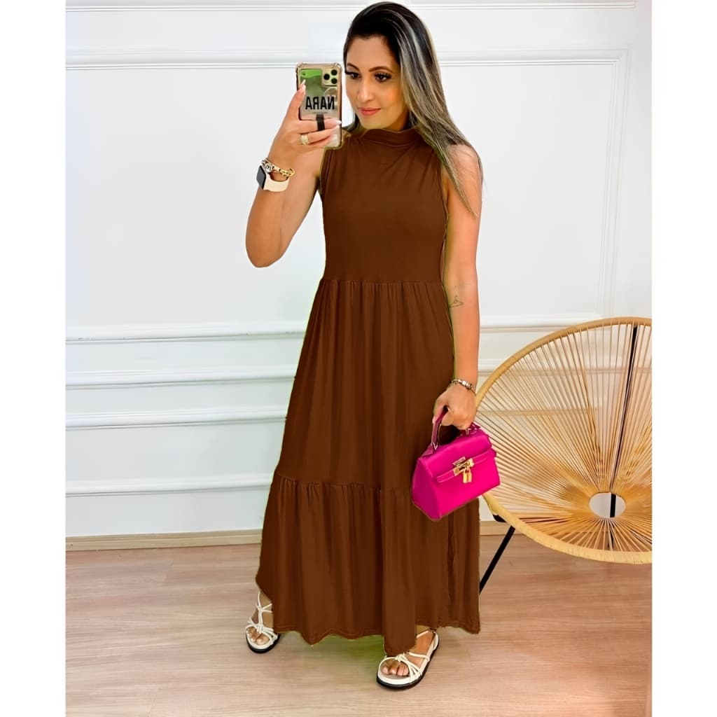 Vestido Longo Feminino Manga Regata Cavado Elegante Inverno e verão 442