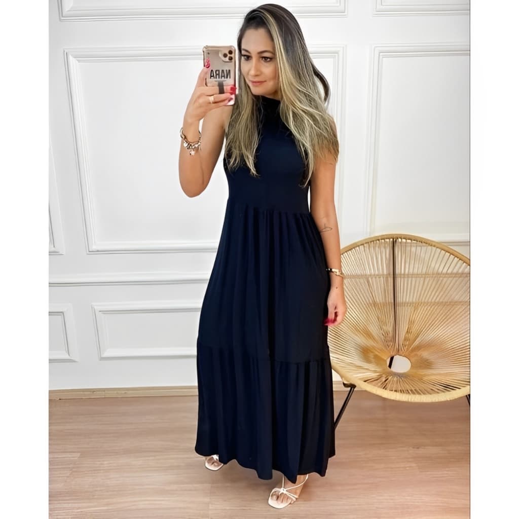 Vestido longo Feminino Cavado Casual Elegante Versátil para Verão Outono e Inverno é verão 442