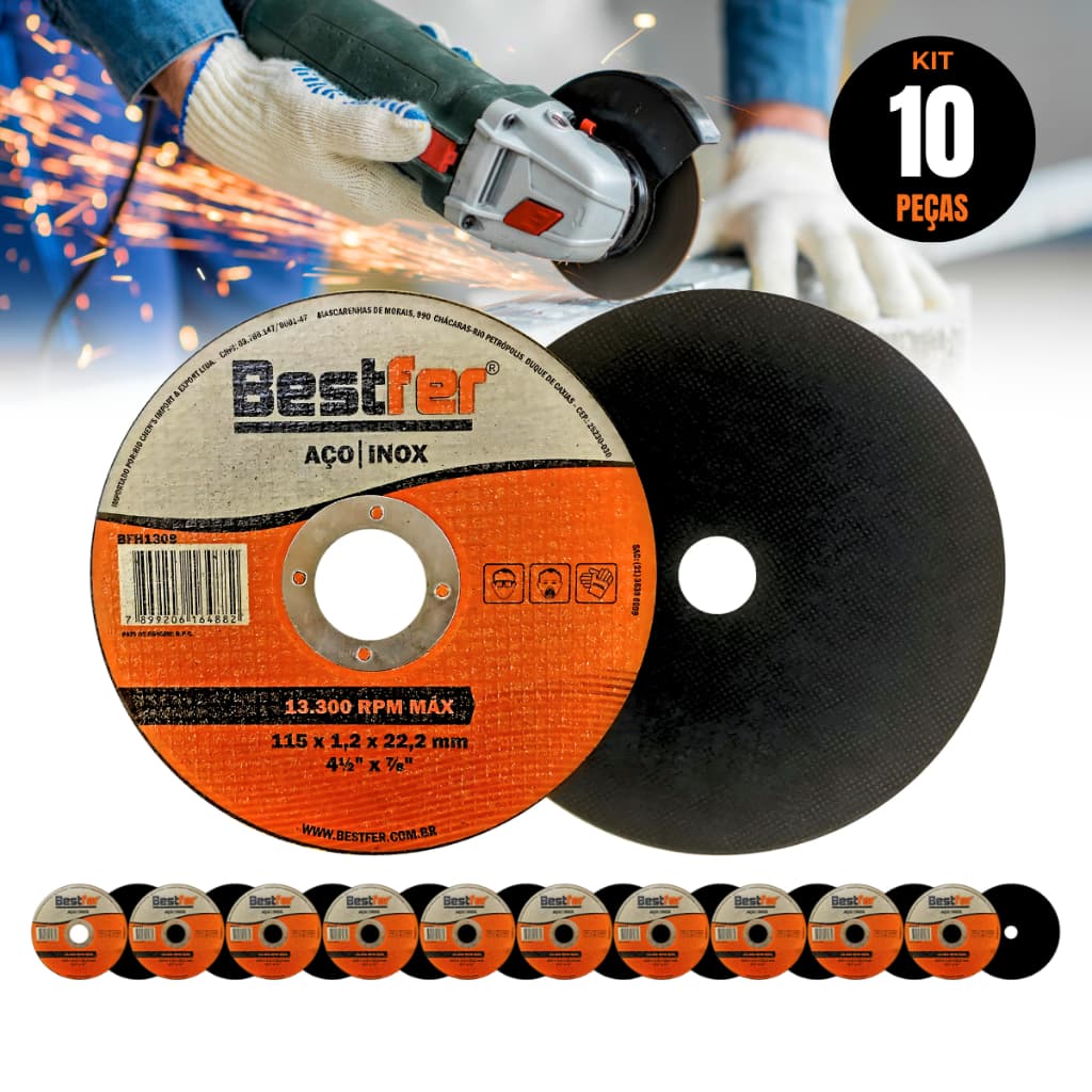 Kit 10 Disco de corte Fino Ferro e Inox Para Esmerilhadeira 4.1/2" X 1,2mm – Bestfer