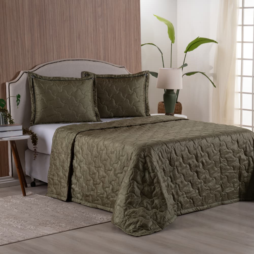 Cobre Leito Queen Matelado bordado 3 peças cor Verde Estações Ideal para Queen 1,58 x 1,98
