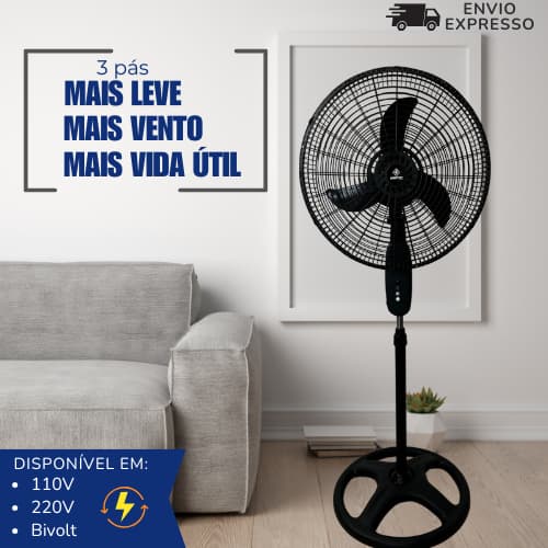 Ventilador Pedestal Coluna Ajustável 45cm 3 Velocidades Bivolt 12v ou 110V