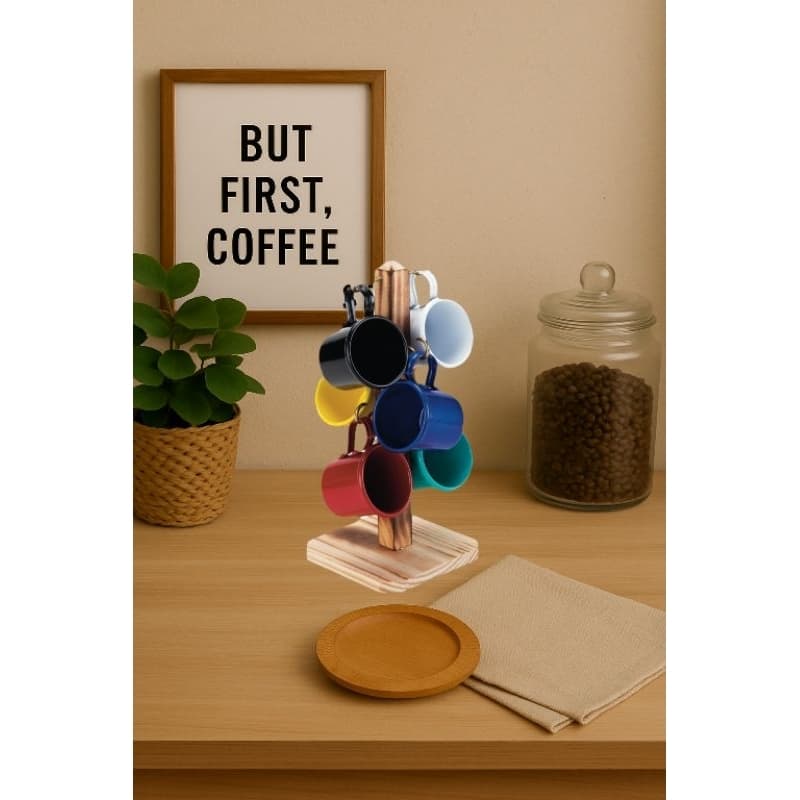 Xicara De Café + Suporte de Madeira – Tons Pastel, Colorido & Preto Fosco Kit Com 6 Canecas Esmaltadas
