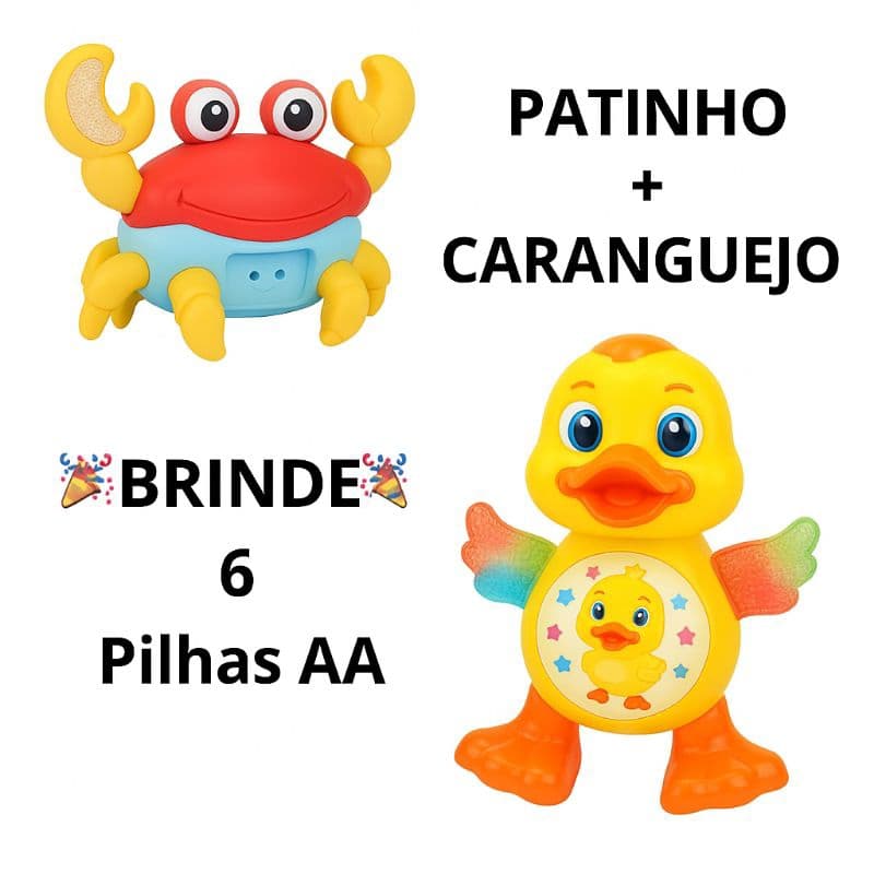 Kit de Brinquedos - Patinho Dançante + Caranguejo Fujão e 6 Pilhas de Brinde