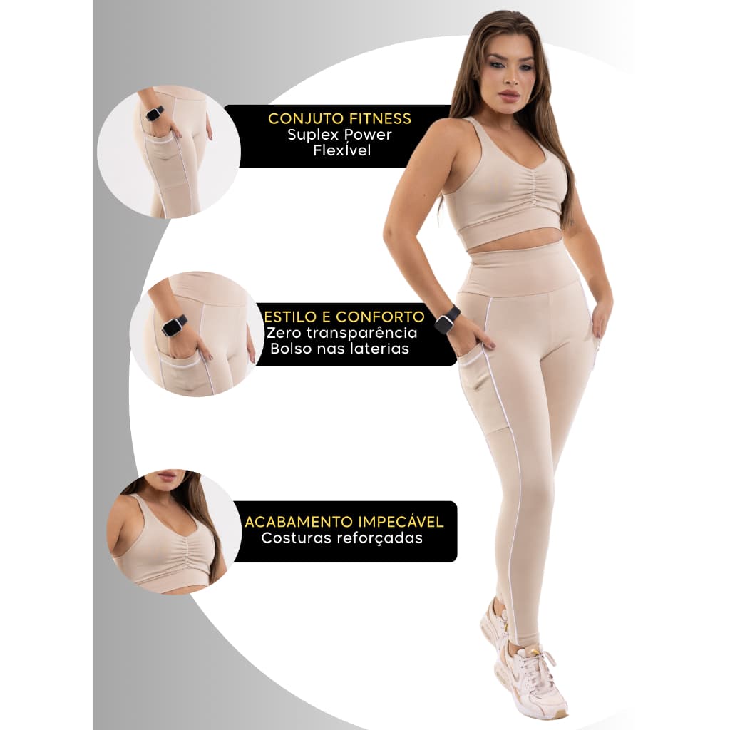 Conjunto Fitness Legging Top Calça Roupa de malhar Top com sustentação Feminino Zero Transparência