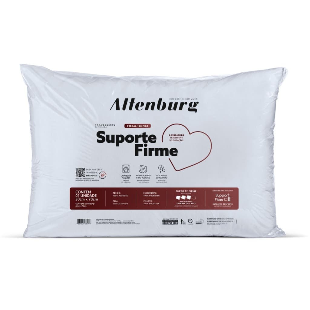 Travesseiro Suporte Firme 180fios Percal Altenburg Lavável 50cm x 70cm