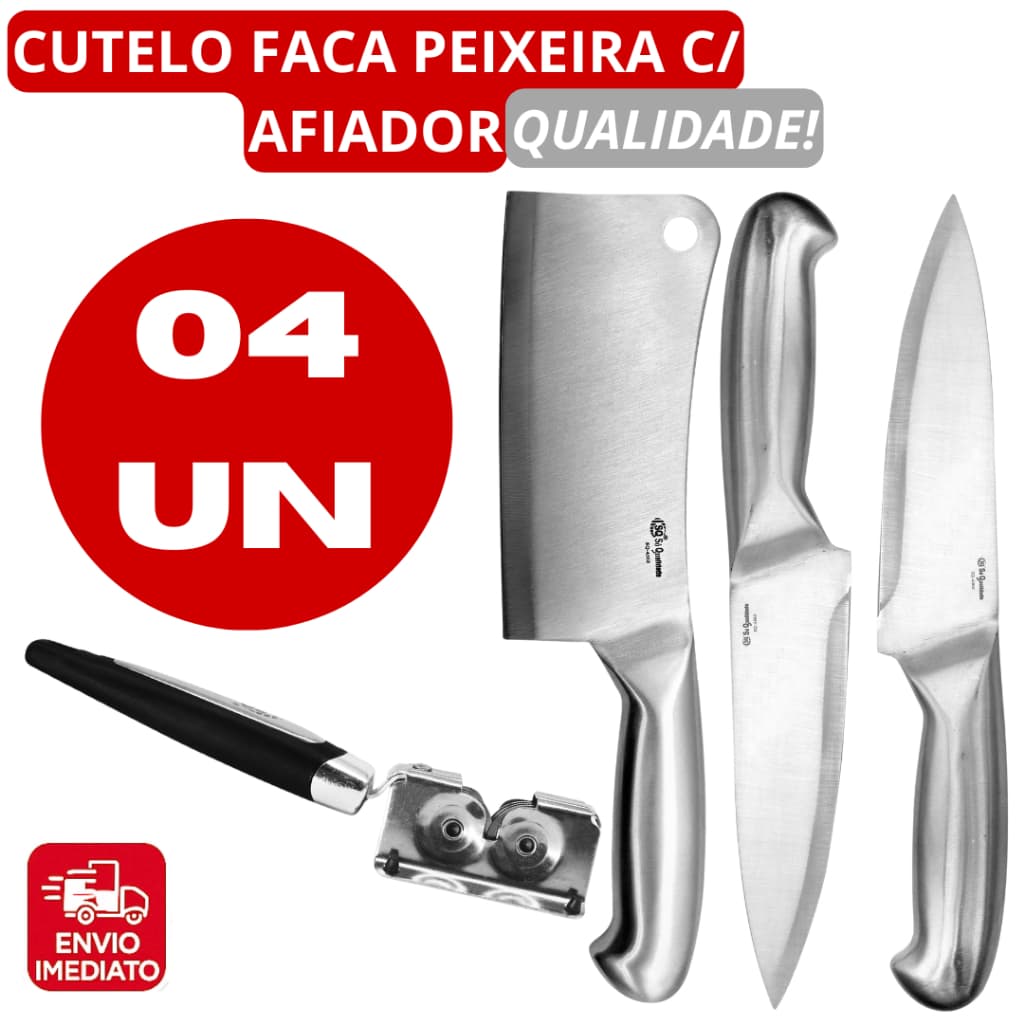 Kit 2 Facas Peixeiras Cutelo e Afiador Amolador para Cozinha 100% em Aço INOX para Casa Cozinha