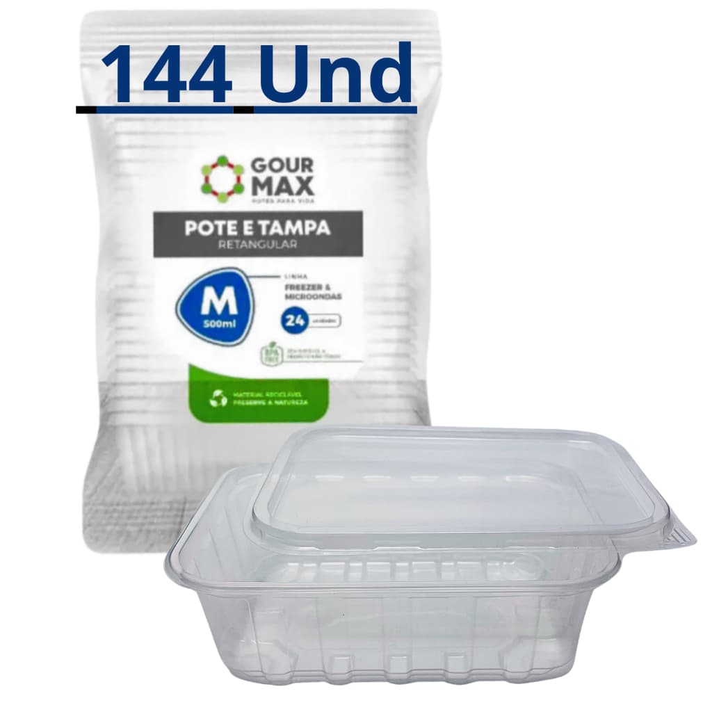 Pote Descartável 500ml Retangular Freezer Microondas Marmita Fitness Empilhável Reutilizável 144 Und