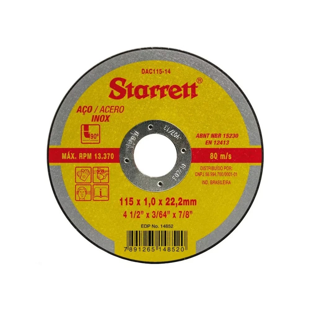 Kit 12 Unidades Disco de Corte 4.1/2" Starrett DAC115-14 para Aço Inox e Aço Carbono