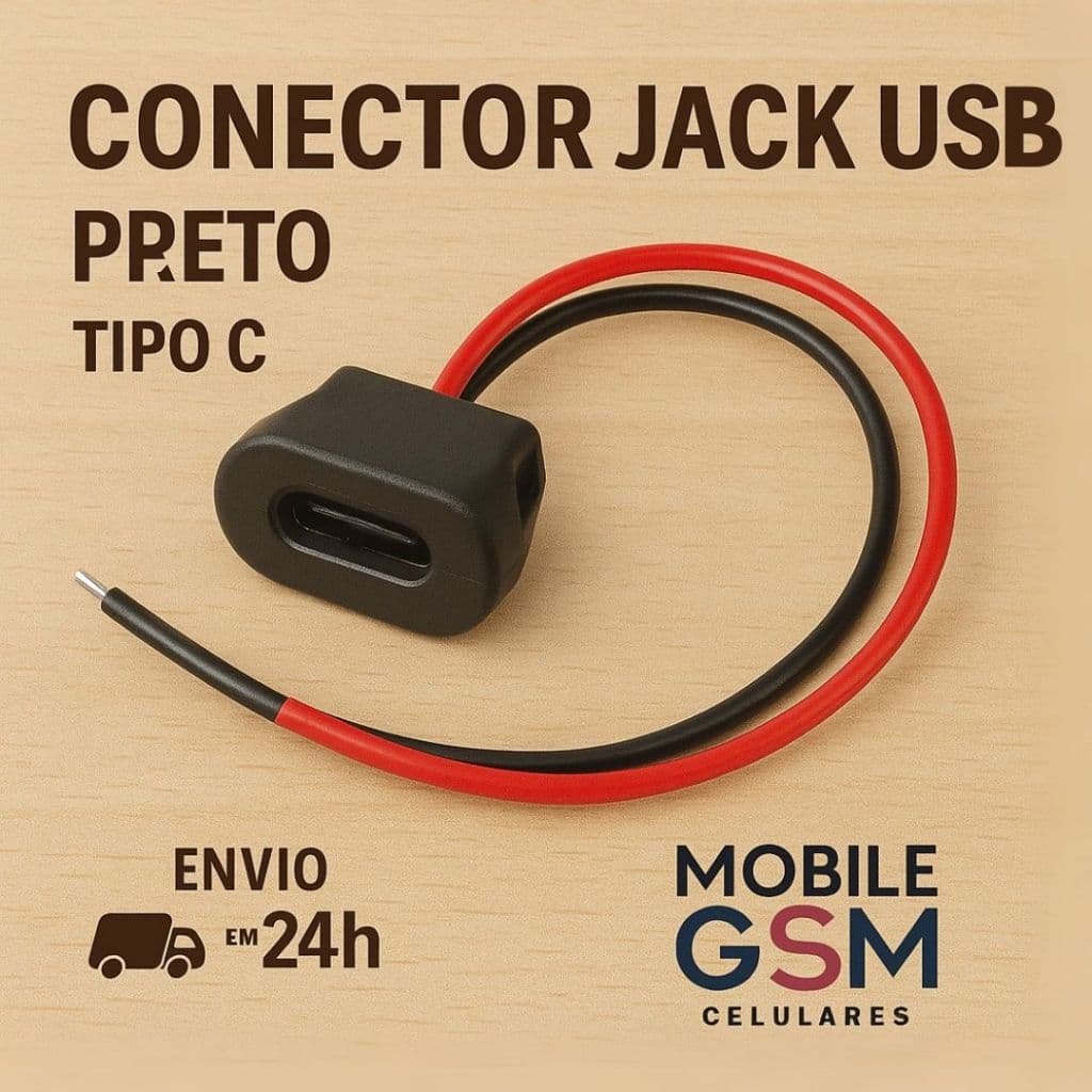 Conector Jack PRETO Tipo C 5V. Fêmea Carregamento Rabicho Impermeável 2 Fios Soldar RETÂNGULO