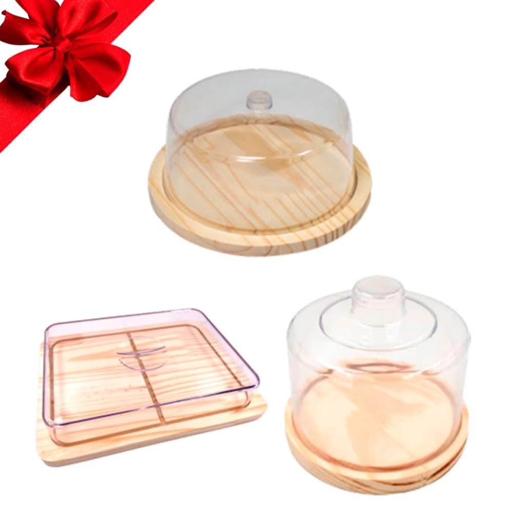 OFERTA 9.9 KIT 3pçs Café da Manhã, Queijeira e Boleira e Porta Frios (26X20cm) de Madeira Natural