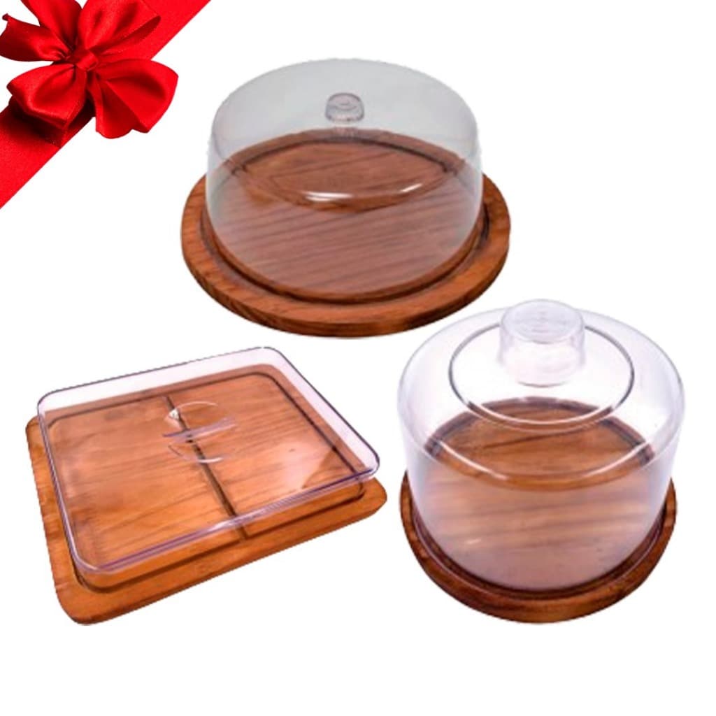 KIT 3pçs, Café da Manhã, Queijeira e Boleira e Porta Frios GRANDE (26X20cm) de Madeira RUSTCO Café