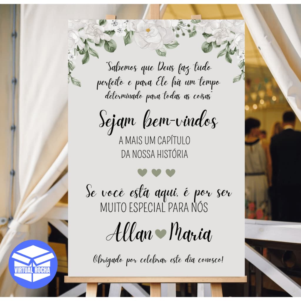 Placa Decorativa Bem-Vindo Entrada Casamento Folhagem Branca MDF