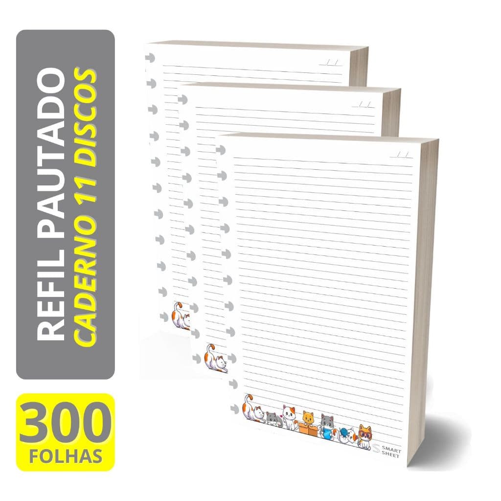 Refil Caderno de Discos 90g Grande 11 Furos Gatinhos 300 Folhas Gato Cute Fofinho