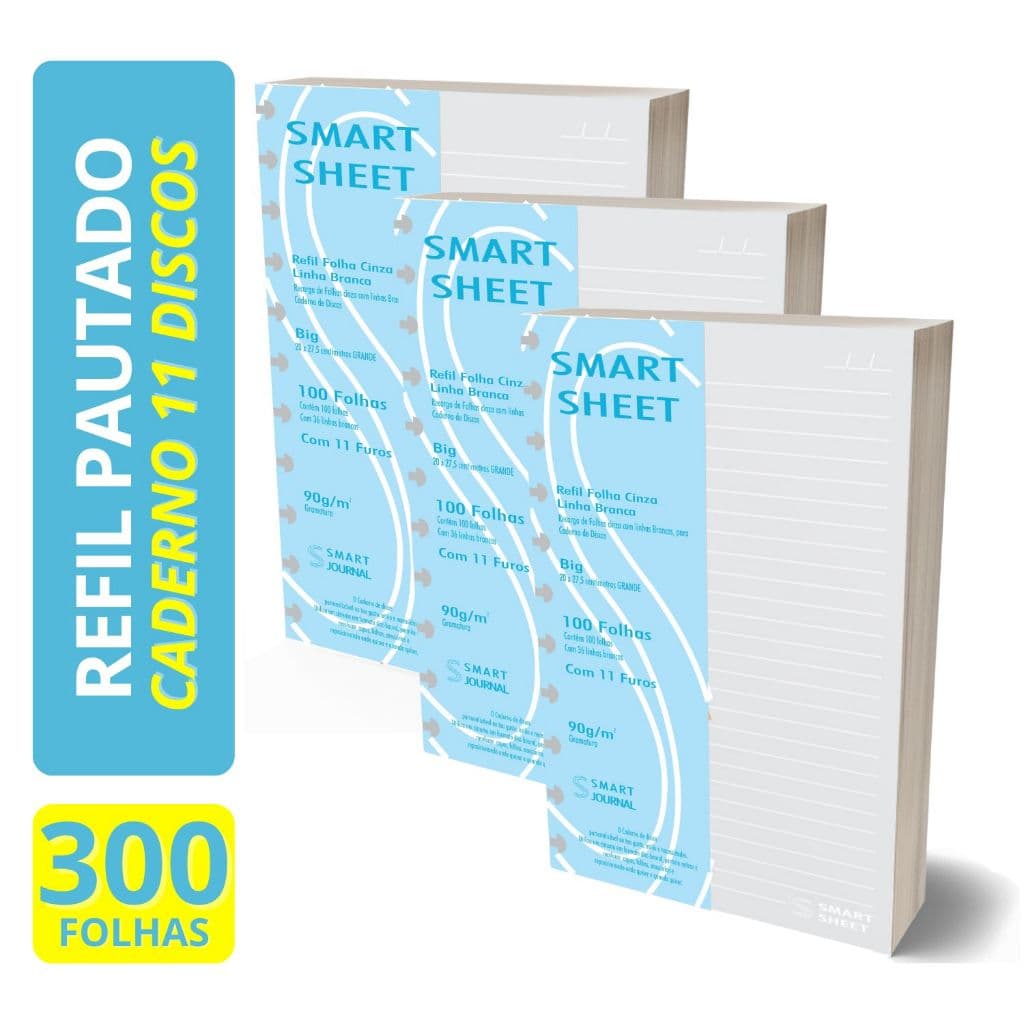 Kit 3 Refil Caderno de Discos  90g 300 Folhas Pauta Branca Grande 11 Furos Inteligente 27,50x20cm