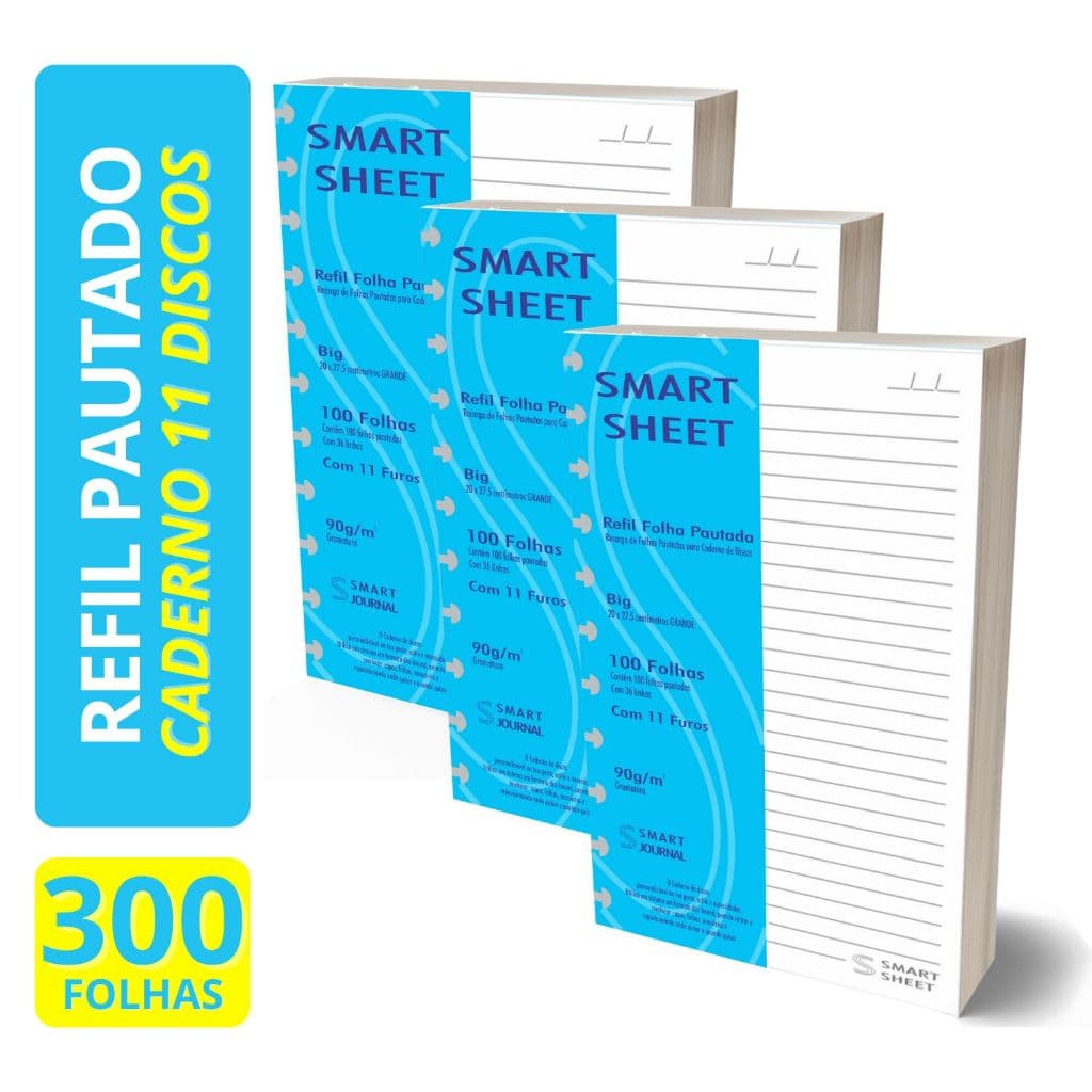 Kit 3 Refil Caderno de Discos 90g 300 Folhas Pautado Grande 11 Furos 27,50x20cm Inteligente