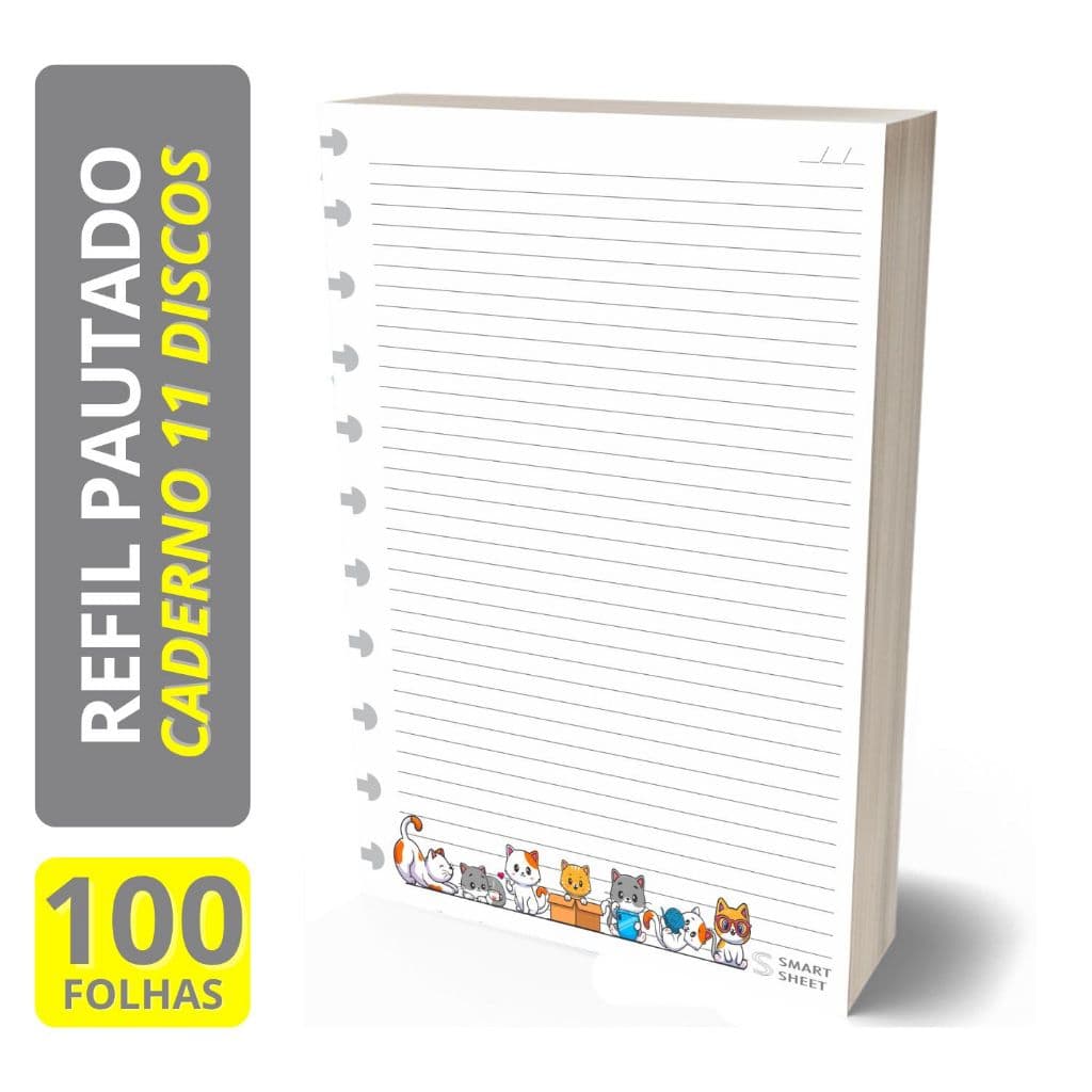 Refil Caderno de Discos 90g Grande 11 Furos Gatinhos 100 Folhas