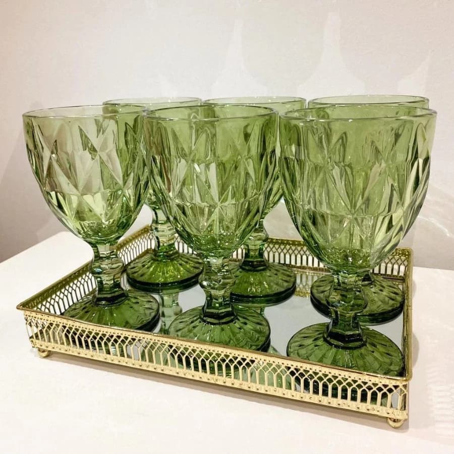 Jogo 6 Taças Vidro Diamond Esmeralda 340ml Verde Luxo Elegante Mesa Posta Festa Jantar Decoração