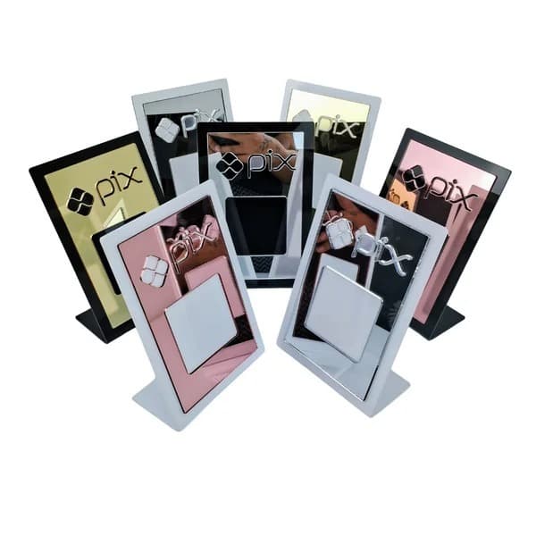 Placa Pix Display em L Acrílico Espelhado Qr Code Balcão Escritório