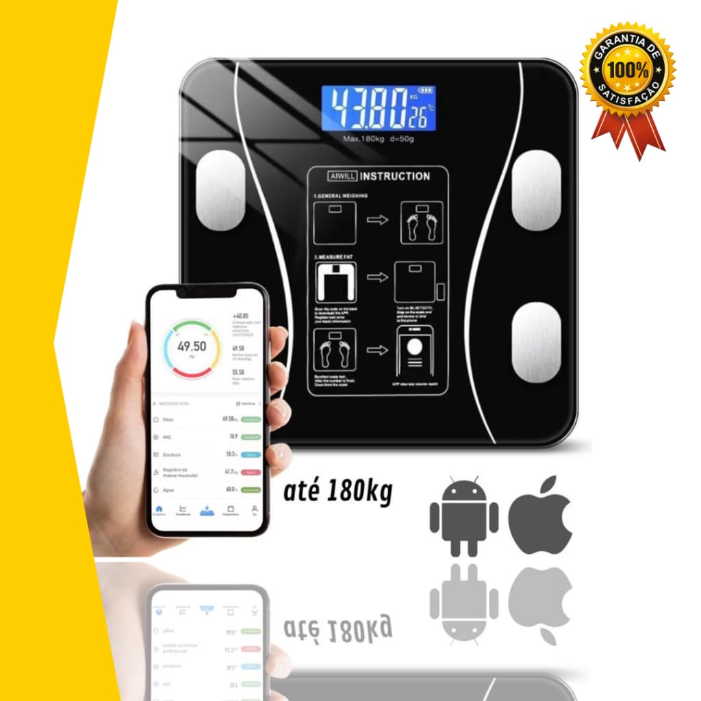 Balança Digital Bioimpedância Bluetooth 180Kg – Análise Corporal Completa com Conexão App
