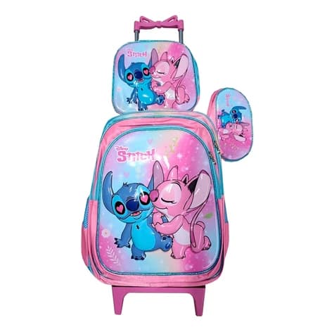 Kit Mochila Escolar Stitch Rodinha Estojo Lancheira Infantil