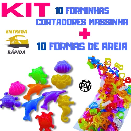 Kit  10 cortadores forminhas de massinha mais 10 formas de areia praia lembrancinha prenda