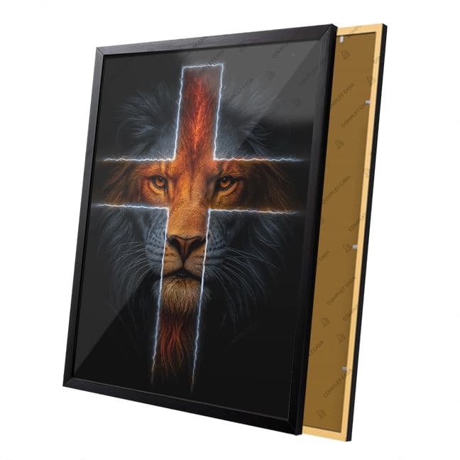 Quadro Leão Cruz Rosto Religioso Moldura e Vidro