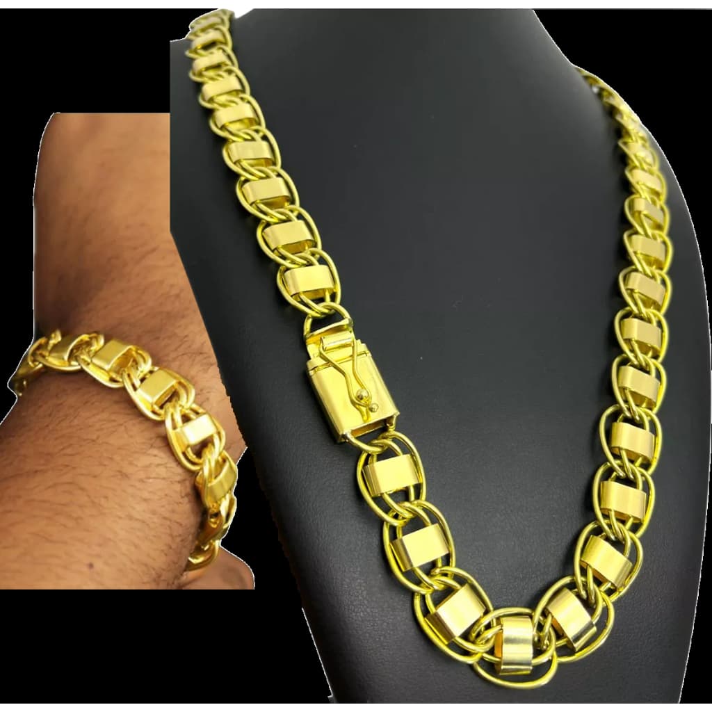 Corrente Cordão Dubai 14mm 70cm - Pulseira 21cm Moeda Antiga Premium Pura Cor de Ouro 18k Masculina